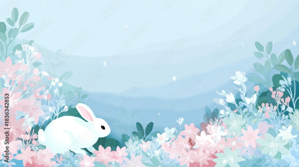 Obraz premium Rabbit in a Blooming Meadow Represents Spring and New Life With a Wide Background and Pastel Light on a Calm Day