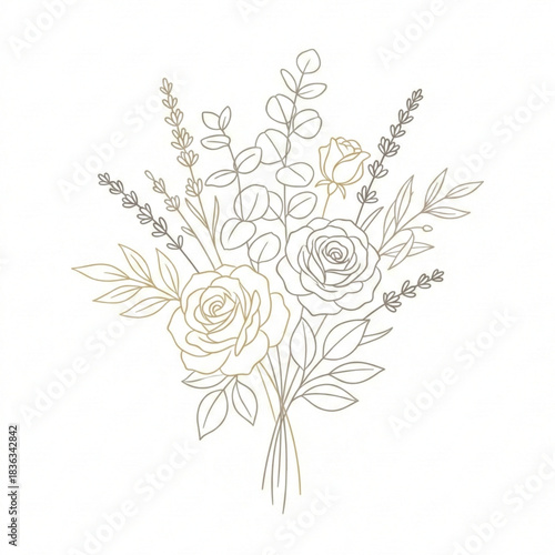 Elegant gold line art bouquet with roses, eucalyptus, and lavender for sophisticated wedding invitations and branding