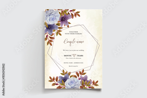 WEDDING INVITATION FRAME WITH FLOWER DECORATIONS AND FRESH LEAVES