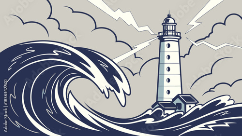 Lighthouse Battling a Massive Ocean Wave