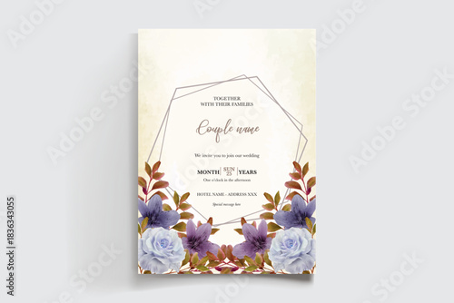 WEDDING INVITATION FRAME WITH FLOWER DECORATIONS AND FRESH LEAVES