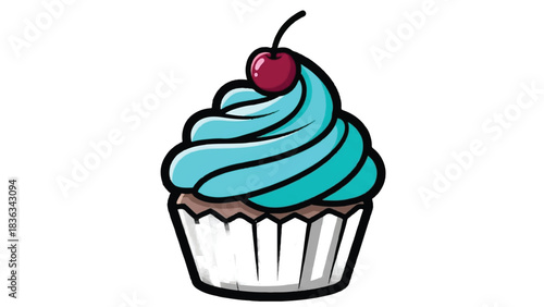 A delicious cupcake with blue frosting and a cherry on top.