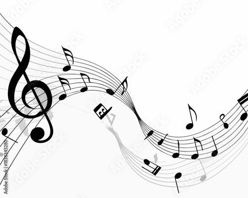 Elegant musical notes flowing in a swirling pattern on a white background