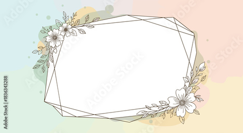 Elegant geometric frame decorated with delicate hand-drawn floral sketches on a soft multicolored pastel watercolor background.