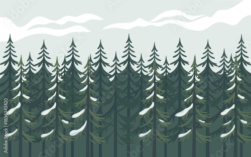 Evergreen forest with snow-covered branches under a cloudy sky, beautiful winter landscape illustration