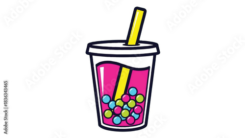 Colorful Bubble Tea Drink with Straw and Tapioca Pearls.