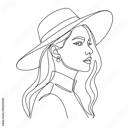 Elegant woman wearing a wide brim hat and pearl earrings, depicted in a minimalist continuous line art style, exuding sophistication and timeless beauty.