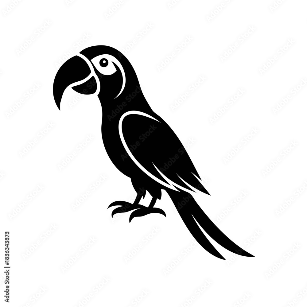 Fototapeta premium Black silhouette of a parrot perched, facing left, with detailed beak, eye, and tail feathers on a white background.