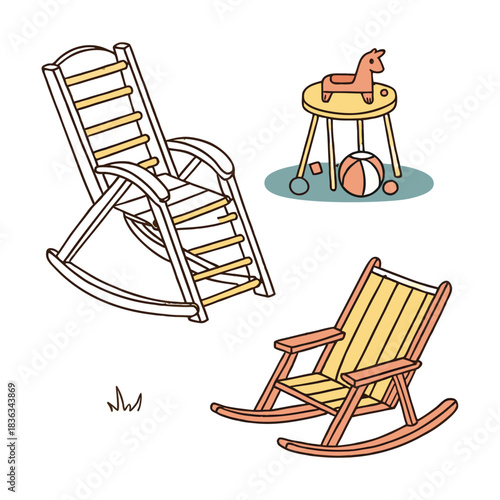 Cute cartoon cat and mouse animal design illustration vector setWooden folding beach chair and umbrella seat for summer holiday relaxation by the sea