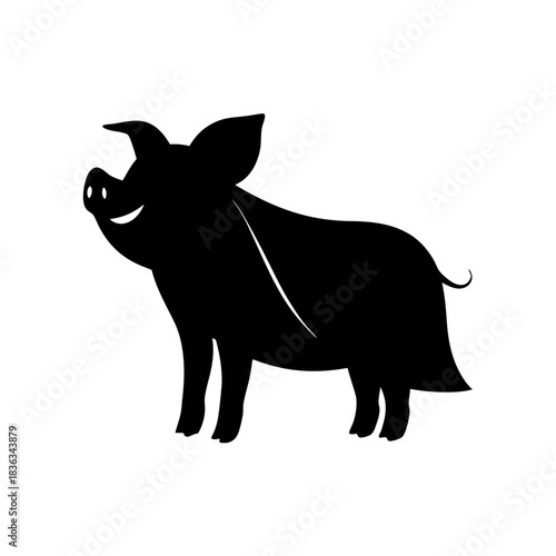 Silhouette of a cheerful pig standing, depicted in solid black against a white background, with a visible tail and a smiling expression.