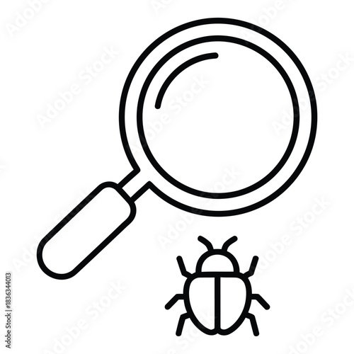 Magnifying glass and insect representing detection of a computer bug