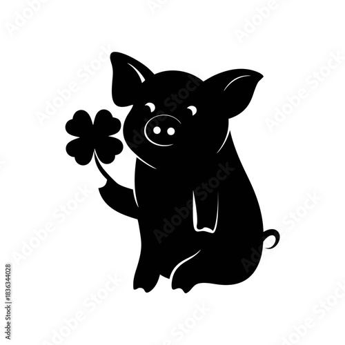 Silhouette of a cute piglet sitting and holding a four-leaf clover, symbol of good luck.