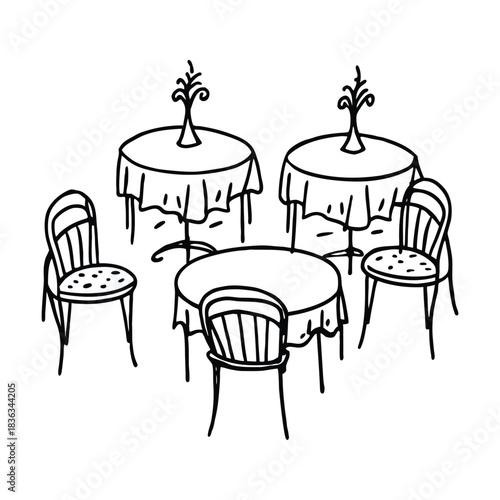 Empty wooden chairs and tables, furniture design illustration for a cafe interior