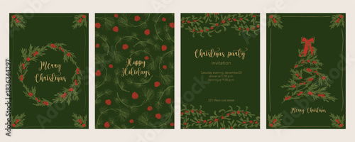 Vintage Christmas cards set with green festive branches. Holiday card and invitation. Tree and pine cones frame. Poster, holiday cover, banner, flyer. Hand drawn flat vector illustration.