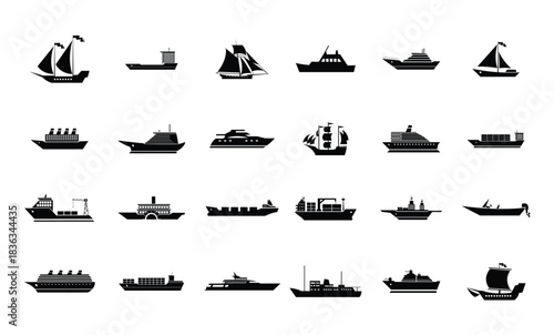 Collection of various ship and boat silhouettes including sailboats cargo ships and cruise liners