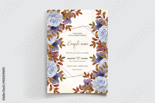 WEDDING INVITATION FRAME WITH FLOWER DECORATIONS AND FRESH LEAVES