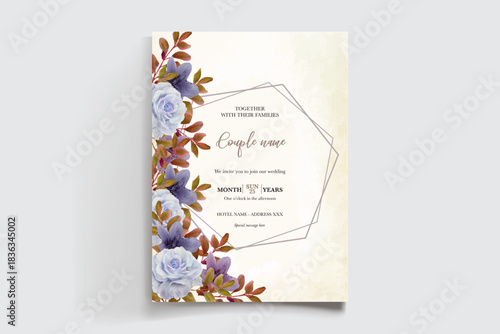 WEDDING INVITATION FRAME WITH FLOWER DECORATIONS AND FRESH LEAVES