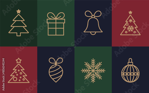 Collection of Christmas icons including trees, bells, snowflakes, and ornaments on a colored background