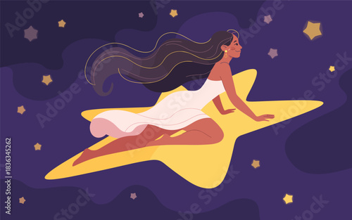 Woman Flying On A Star Through A Starry Night Sky Illustration
