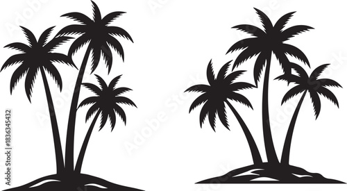 Two tropical palm tree silhouette clusters on small islands illustration