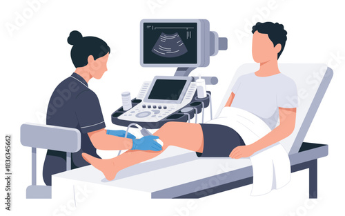 Medical Ultrasound Examination of a Patient's Knee by a Technician Using Modern Equipment