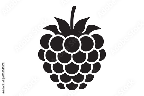  Simple black silhouette of a ripe raspberry with stem and leaves