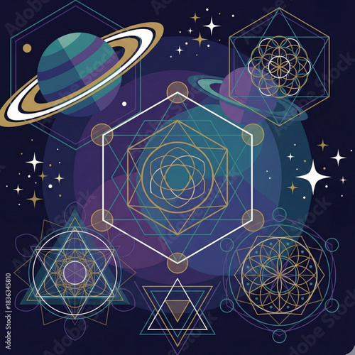 Discover cosmic harmony with stunning geometric sacred geometry patterns and mystical planetary orbits, perfect for spiritual and celestial designs.
