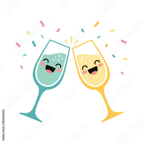 Two happy cartoon champagne glasses toasting with confetti celebration
