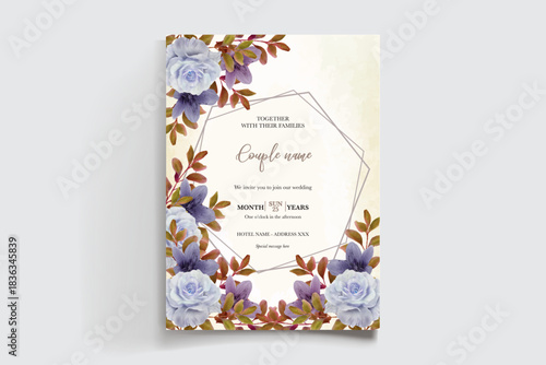 WEDDING INVITATION FRAME WITH FLOWER DECORATIONS AND FRESH LEAVES