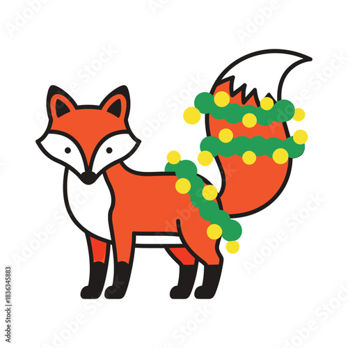 Cute cartoon fox with a festive christmas garland wrapped around its tail and body