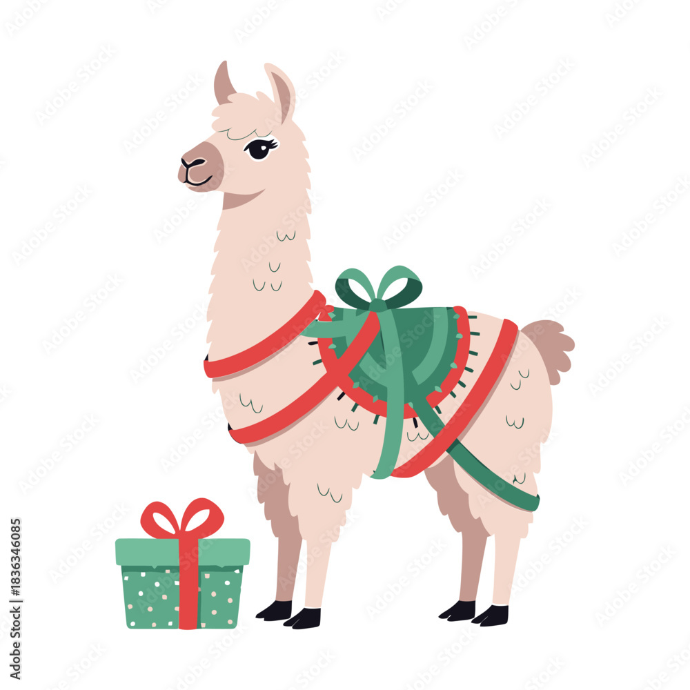 Obraz premium Cute cartoon llama wearing festive christmas decorations and a gift box