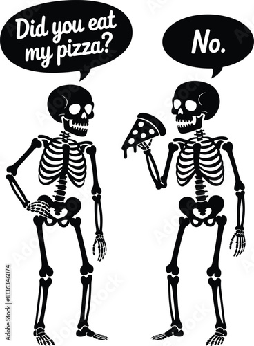 Two skeletons talking about pizza speech bubble question