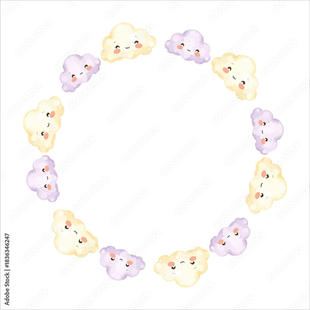 Obraz premium Round frame of hand-drawn clouds. in watercolor style, with eyes, cute, smile. Delicate children's frame is ideal for invitations, cards, packaging, branding and elegant design projects
