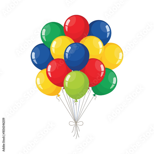 Vibrant bunch of colorful balloons floating against a clean white background