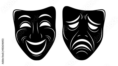 Classic theater masks comedy and tragedy, minimalist style, black and white vector, smooth curves, isolated icons
