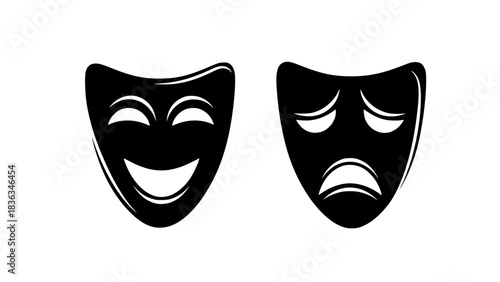 Classic theater masks comedy and tragedy, minimalist style, black and white vector, smooth curves, isolated icons