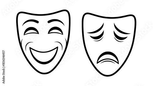 Classic theater masks comedy and tragedy, minimalist style, black and white vector, smooth curves, isolated icons