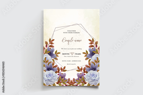 WEDDING INVITATION FRAME WITH FLOWER DECORATIONS AND FRESH LEAVES
