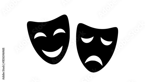 Classic theater masks comedy and tragedy, minimalist style, black and white vector, smooth curves, isolated icons