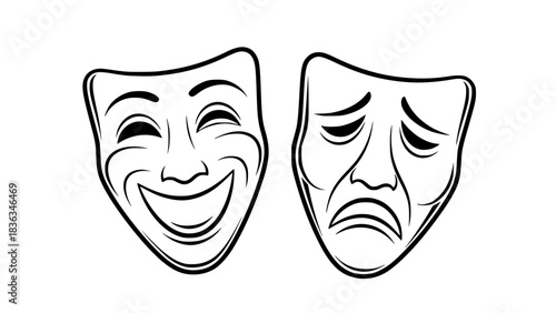 Classic theater masks comedy and tragedy, minimalist style, black and white vector, smooth curves, isolated icons