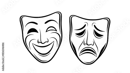 Classic theater masks comedy and tragedy, minimalist style, black and white vector, smooth curves, isolated icons