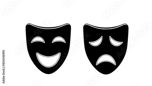 Classic theater masks comedy and tragedy, minimalist style, black and white vector, smooth curves, isolated icons