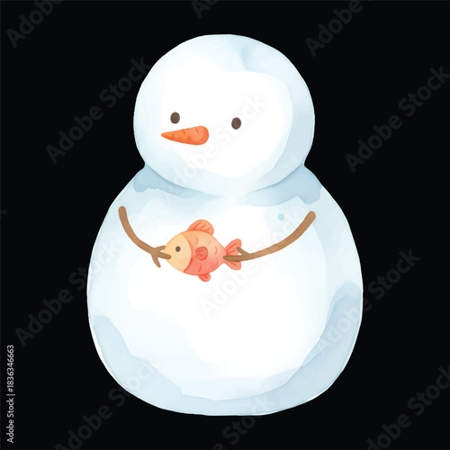 Cute snowman watercolor vector illustration as fisherman with fish isolated on black background
