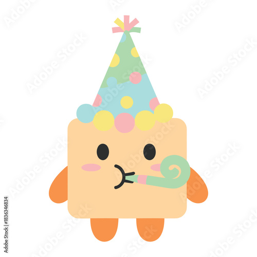 Cute cartoon character wearing a party hat and blowing a party blower celebrating a birthday