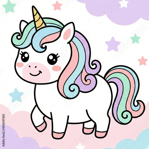 Whimsical pastel unicorn prances happily amidst dreamy clouds and sparkling stars, bringing magic and joy to any creative project.