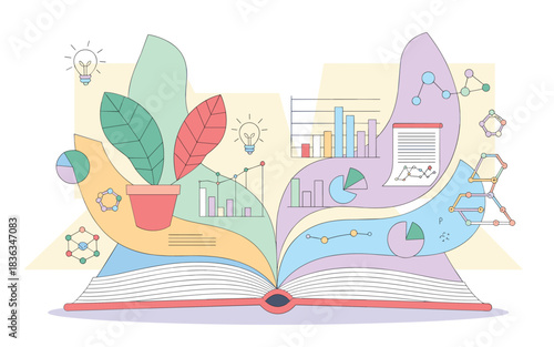 Educational Book Illustration Depicting Growth, Learning, and Scientific Discovery with Data Visualizations