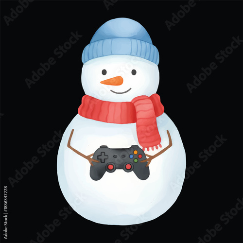 Cute snowman watercolor vector illustration as gamer holding controller isolated on black background
