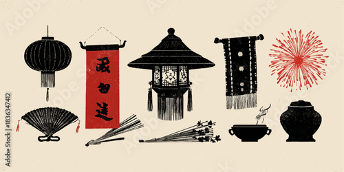 Collection of traditional japanese and chinese cultural objects and decorations