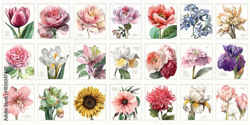 Collection of diverse watercolor flower illustrations with delicate petals and green stems