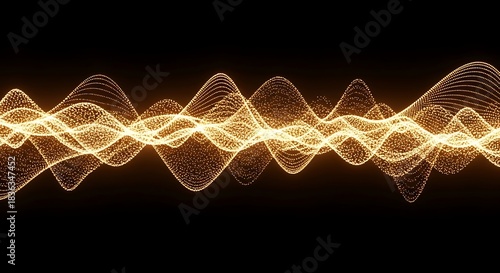 Golden glowing sound wave visualization on black background, abstract audio frequency, data stream, futuristic technology, high-resolution rendering